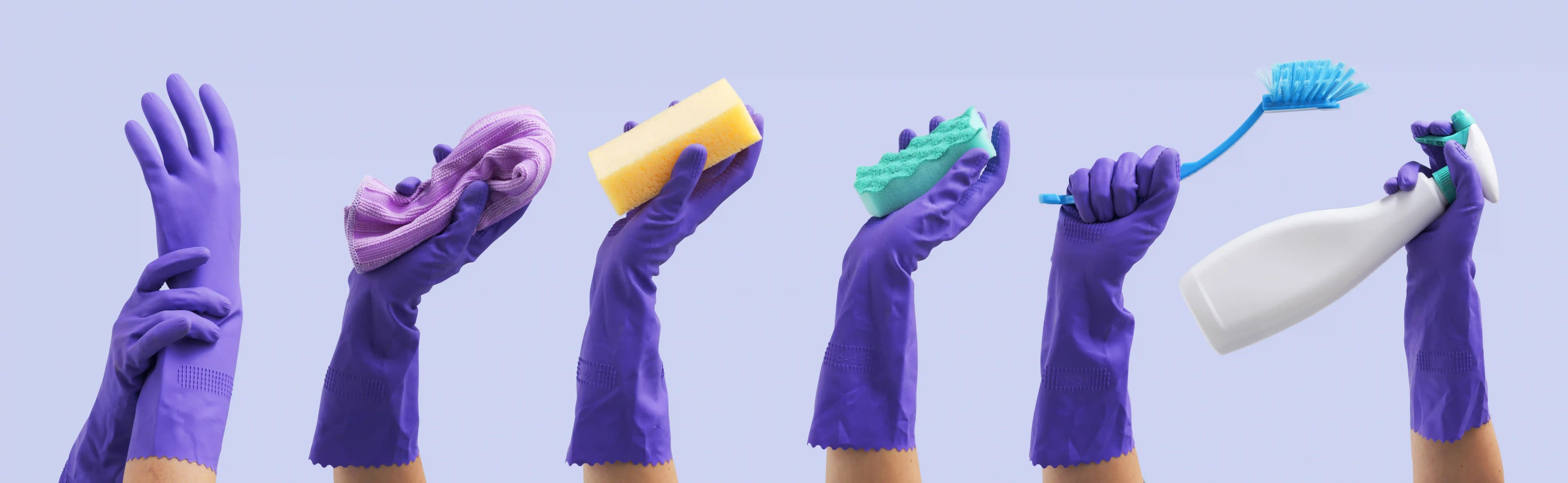 Reinigungskräfte mit Handschuhen halten Tuch, Schwamm, Bürste und Sprühflasche bereit