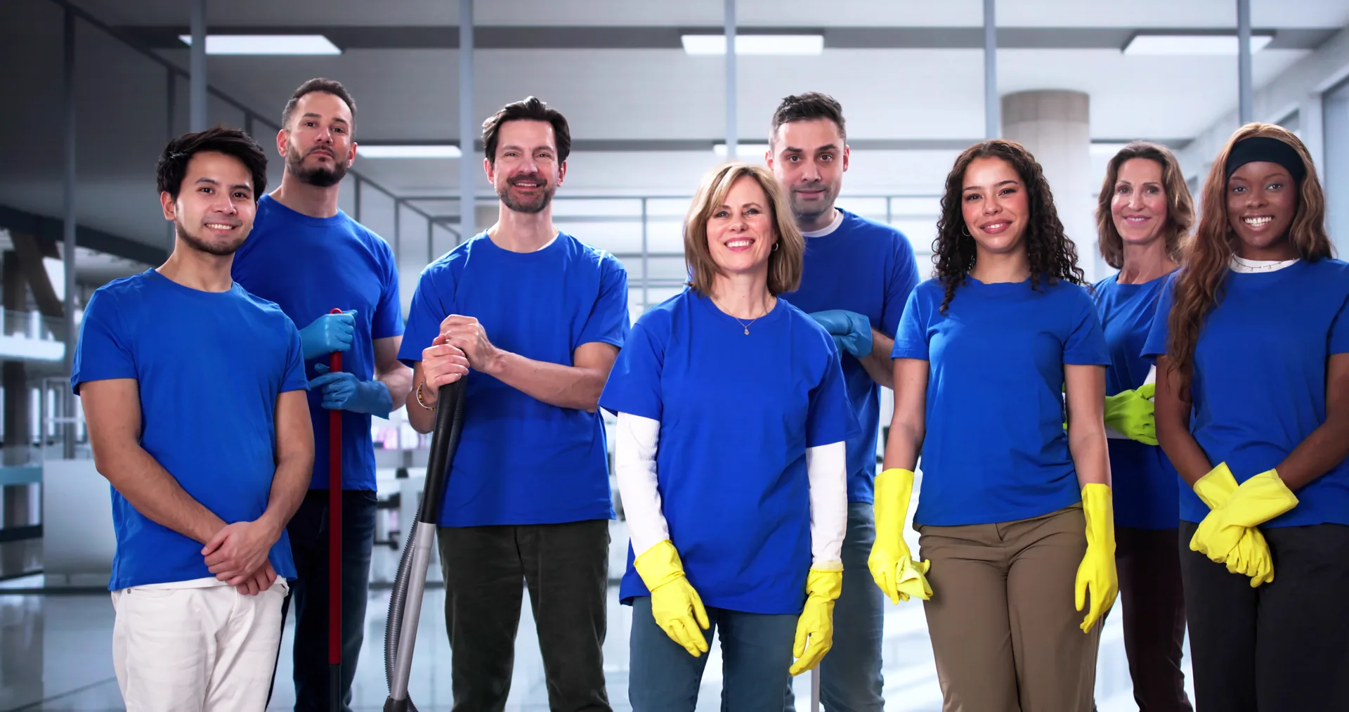 Reinigungskräfte in blauen Arbeitsoberteilen mit Handschuhen und Reinigungsgeräten
